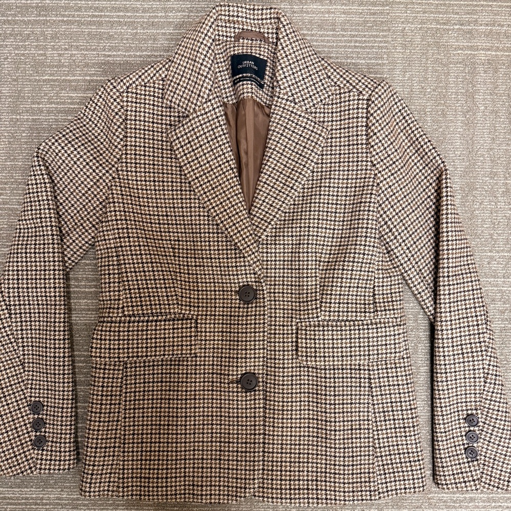 Urban Outfitters Brown Houndstooth Wool Blend Blazer Jacket Sz Extra Small